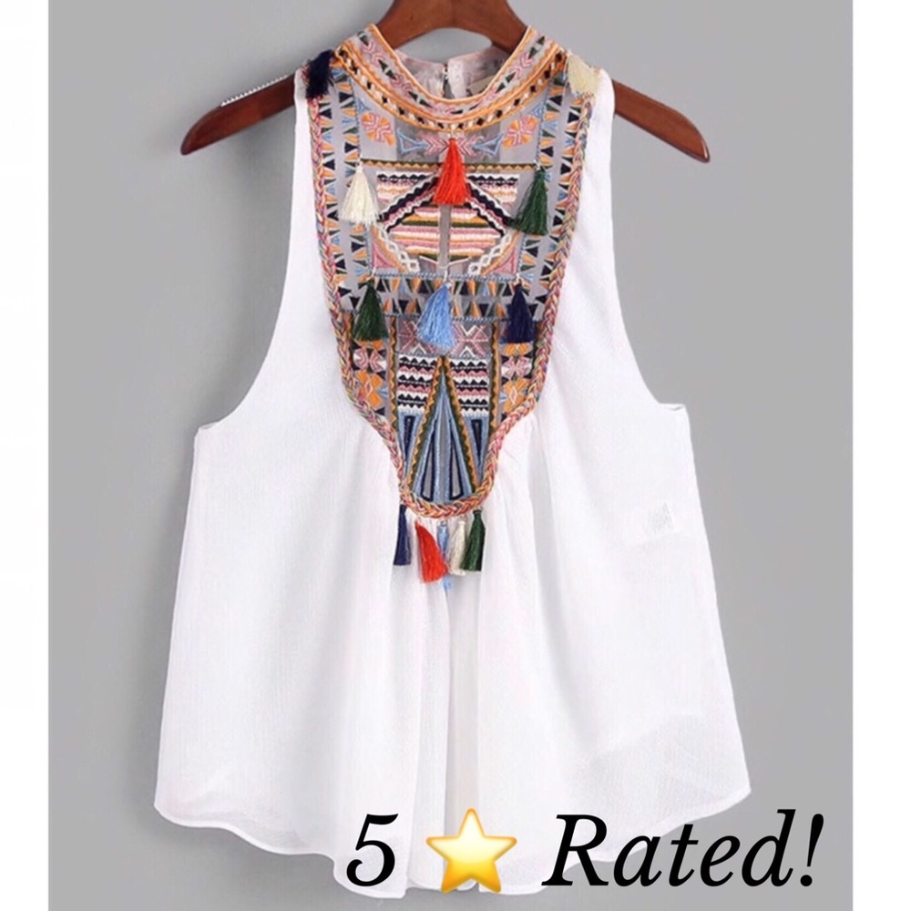 White Embroidered Tank With Tassels - 5 Stars